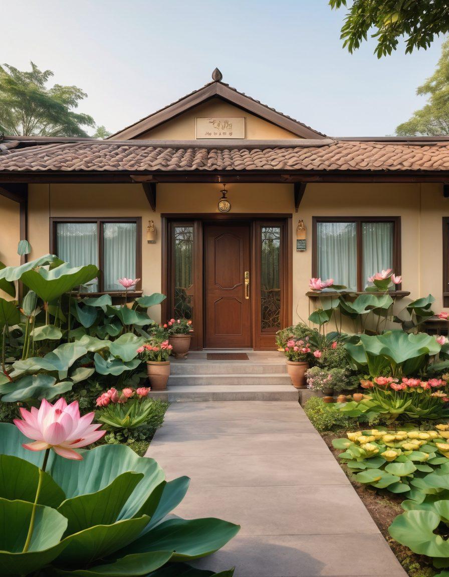 A serene view of a beautifully designed Lotus Motel, surrounded by lush gardens and blooming lotus flowers, with friendly staff welcoming guests at the entrance. A family carrying luggage exhibits joy and excitement, while indoor shots reveal cozy, luxurious rooms with modern amenities. super-realistic. vibrant colors.