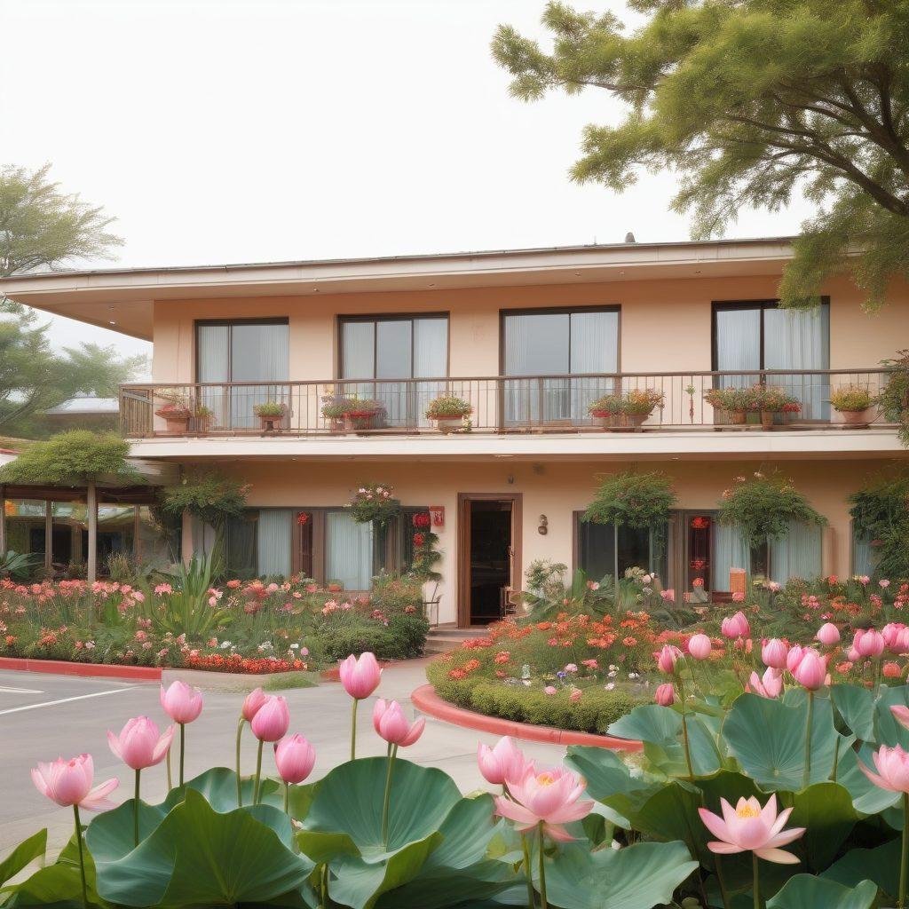 A charming, inviting motel set amidst a serene landscape with blooming lotus flowers, well-kept gardens, and smiling, welcoming staff at the entrance. Cozy, well-lit rooms with luxurious bedding visible through large windows. Happy guests enjoying a hearty breakfast in a cozy dining area. super-realistic. vibrant colors. white background.