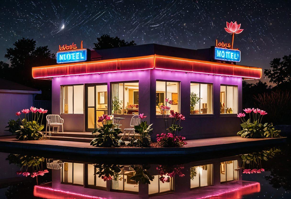 A serene nightscape featuring the Lotus Motel, its neon sign glowing invitingly under a canopy of twinkling stars. Warm light spills from cozy windows, reflecting off a charming lotus pond in the foreground. Guests are seen unwinding on a beautifully lit terrace with drinks in hand. Vibrant flowers bloom around the property, enhancing the tranquil ambiance. super-realistic. vibrant colors. white background.